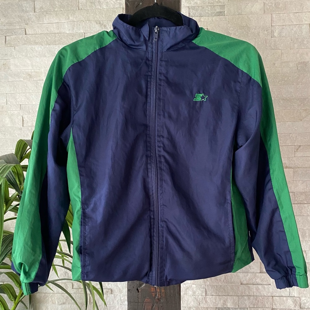 STARTER Vintage Retro Windbreaker Track Jacket Navy Blue & Green Kids Size 10-12